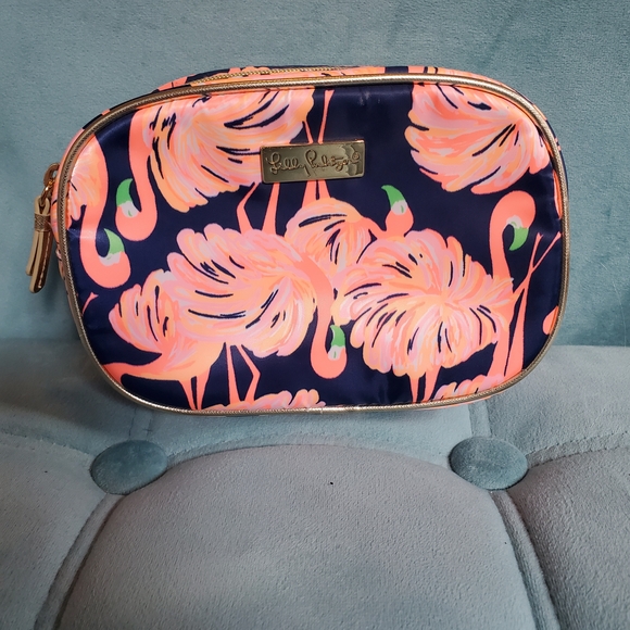 Lilly Pulitzer Navy and Pink Flamingo Cosmetic Bag - Picture 1 of 7